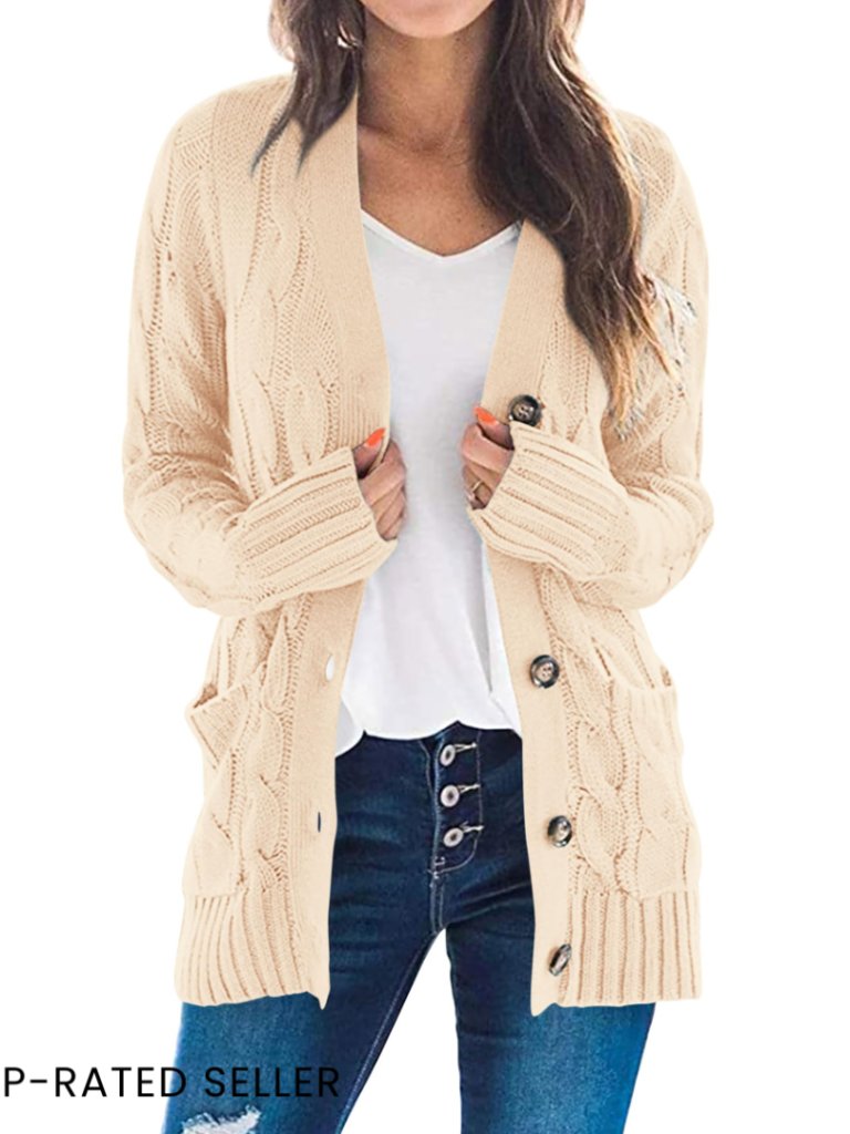 Chunky Cable Knit Cardigan Open Front Button Down Cozy Winter Sweater